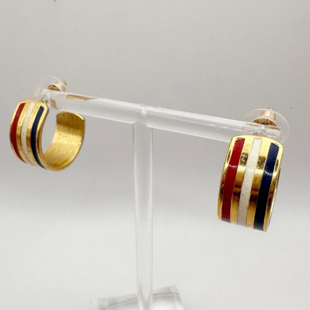 Avon American Glory Earring Costume Jewelry Gold Red White Blue Striped Hoop 90s - Picture 8 of 8